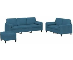Sofa Sofos komplektas su pagalvėmis, 3 dalių, mėlynas, aksomas