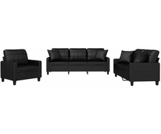 Sofa Sofos komplektas su pagalvėmis, 3 dalių, juodas, dirbtinė oda