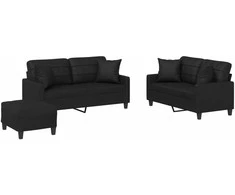 Sofa Sofos komplektas su pagalvėmis, 3 dalių, juodas, dirbtinė oda
