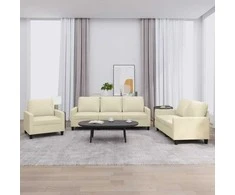 Sofa Sofos komplektas su pagalvėmis, 3 dalių, kreminis, dirbtinė oda
