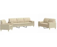 Sofa Sofos komplektas su pagalvėmis, 3 dalių, kreminis, audinys