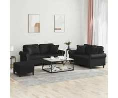 Sofa Sofos komplektas su pagalvėmis, 3 dalių, juodas, dirbtinė oda
