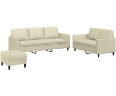 Sofa Sofos komplektas su pagalvėmis, 3 dalių, kreminis, dirbtinė oda