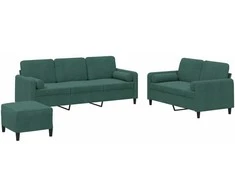 Sofa Sofos komplektas su pagalvėmis, 3 dalių, žalias, aksomas
