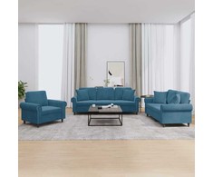 Sofa Sofos komplektas su pagalvėmis, 3 dalių, mėlynas, aksomas