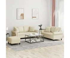 Sofa Sofos komplektas su pagalvėmis, 3 dalių, kreminis, dirbtinė oda