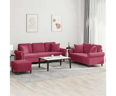 Sofa Sofos komplektas su pagalvėmis, 3 dalių, vyno, aksomas