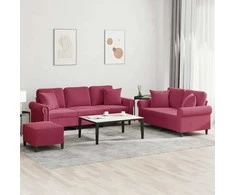 Sofa Sofos komplektas su pagalvėmis, 3 dalių, vyno, aksomas