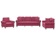 Sofa Sofos komplektas su pagalvėmis, 3 dalių, vyno, aksomas