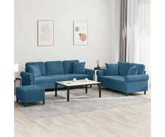 Sofa Sofos komplektas su pagalvėmis, 3 dalių, mėlynas, aksomas