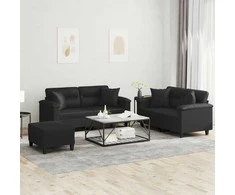 Sofa Sofos komplektas su pagalvėmis, 3 dalių, juodas, dirbtinė oda