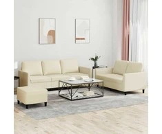 Sofa Sofos komplektas su pagalvėmis, 3 dalių, kreminis, dirbtinė oda