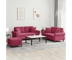 Sofa Sofos komplektas su pagalvėmis, 3 dalių, vyno, aksomas