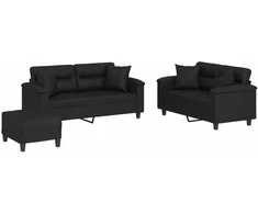 Sofa Sofos komplektas su pagalvėmis, 3 dalių, juodas, dirbtinė oda