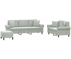 Sofa Sofos komplektas su pagalvėmis, 3 dalių, pilkas, aksomas