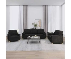 Sofa Sofos komplektas su pagalvėmis, 3 dalių, juodas, audinys