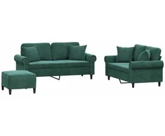 Sofa Sofos komplektas su pagalvėmis, 3 dalių, žalias, aksomas