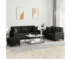 Sofa Sofos komplektas su pagalvėmis, 3 dalių, juodas, dirbtinė oda