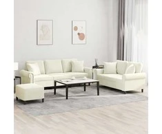 Sofa Sofos komplektas su pagalvėmis, 3 dalių, kreminis, aksomas