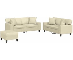 Sofa Sofos komplektas su pagalvėmis, 3 dalių, kreminis, dirbtinė oda