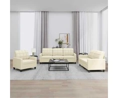 Sofa Sofos komplektas su pagalvėmis, 3 dalių, kreminis, dirbtinė oda