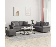 Sofa Sofos komplektas su pagalvėmis, 3 dalių, pilkas, dirbtinė oda