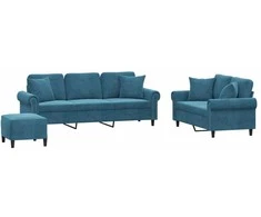 Sofa Sofos komplektas su pagalvėmis, 3 dalių, mėlynas, aksomas