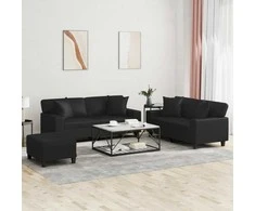 Sofa Sofos komplektas su pagalvėmis, 3 dalių, juodas, dirbtinė oda