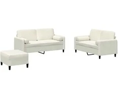 Sofa Sofos komplektas su pagalvėmis, 3 dalių, kreminis, aksomas