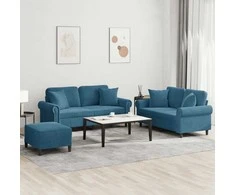 Sofa Sofos komplektas su pagalvėmis, 3 dalių, mėlynas, aksomas