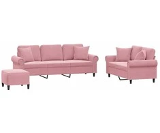 Sofa Sofos komplektas su pagalvėmis, 3 dalių, rožinis, aksomas
