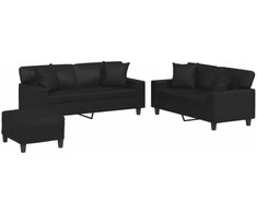 Sofa Sofos komplektas su pagalvėmis, 3 dalių, juodas, dirbtinė oda