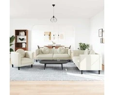 Sofa Sofos komplektas su pagalvėmis, 3 dalių, kreminis, aksomas