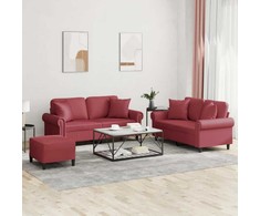 Sofa Sofos komplektas su pagalvėmis, 3 dalių, vyno, dirbtinė oda