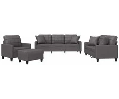 Sofa Sofos komplektas su pagalvėmis, 4 dalių, pilkas, dirbtinė oda