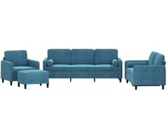 Sofa Sofos komplektas su pagalvėmis, 4 dalių, mėlynas, aksomas