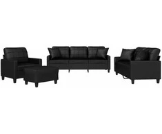 Sofa Sofos komplektas su pagalvėmis, 4 dalių, juodas, dirbtinė oda