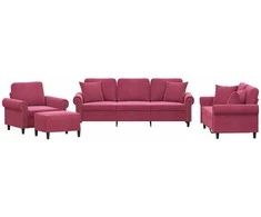 Sofa Sofos komplektas su pagalvėmis, 4 dalių, vyno, aksomas