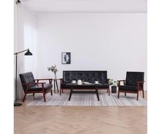 Sofa Sofos komplektas, 3 dalių, juodos spalvos, dirbtinė oda