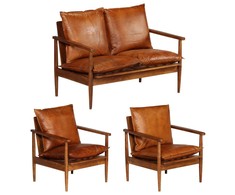 Sofa Sofos komplektas, 3 dalių, rudas, tikra oda ir akacijos masyvas