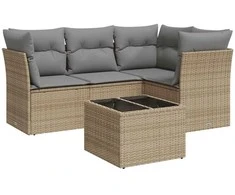 Sofa Sofos komplektas su pagalvėlėmis, 5 dalių, smėlio, poliratanas