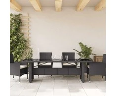 Stalas su stikliniu stalviršiu, juodas, 240x90x75cm, PE ratanas