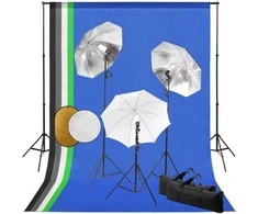 Studijos komplektas su šviestuvais/skėčiais/fonu/reflektoriumi
