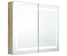 Veidrodinė vonios spintelė su LED, balta ir ąžuolo, 80x12x68cm