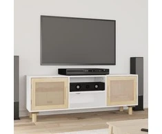 TV staliukas Televizoriaus spintelė, balta, 105x30x40cm, pušis ir ratanas