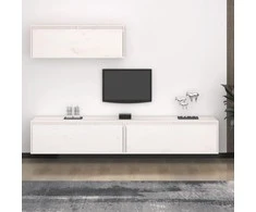 TV staliukas Televizoriaus spintelės, 3vnt., baltos, pušies medienos masyvas