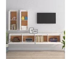 TV staliukas Televizoriaus spintelės, 4vnt., baltos, pušies medienos masyvas