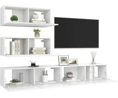TV staliukas Televizoriaus spintelių komplektas, 4 dalių, baltas, mediena