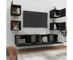 TV staliukas Televizoriaus spintelių komplektas, 6 dalių, juodas, mediena