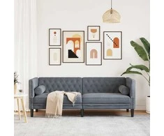 Trivietė chesterfield sofa su pagalvėlėmis, pilka, aksomas